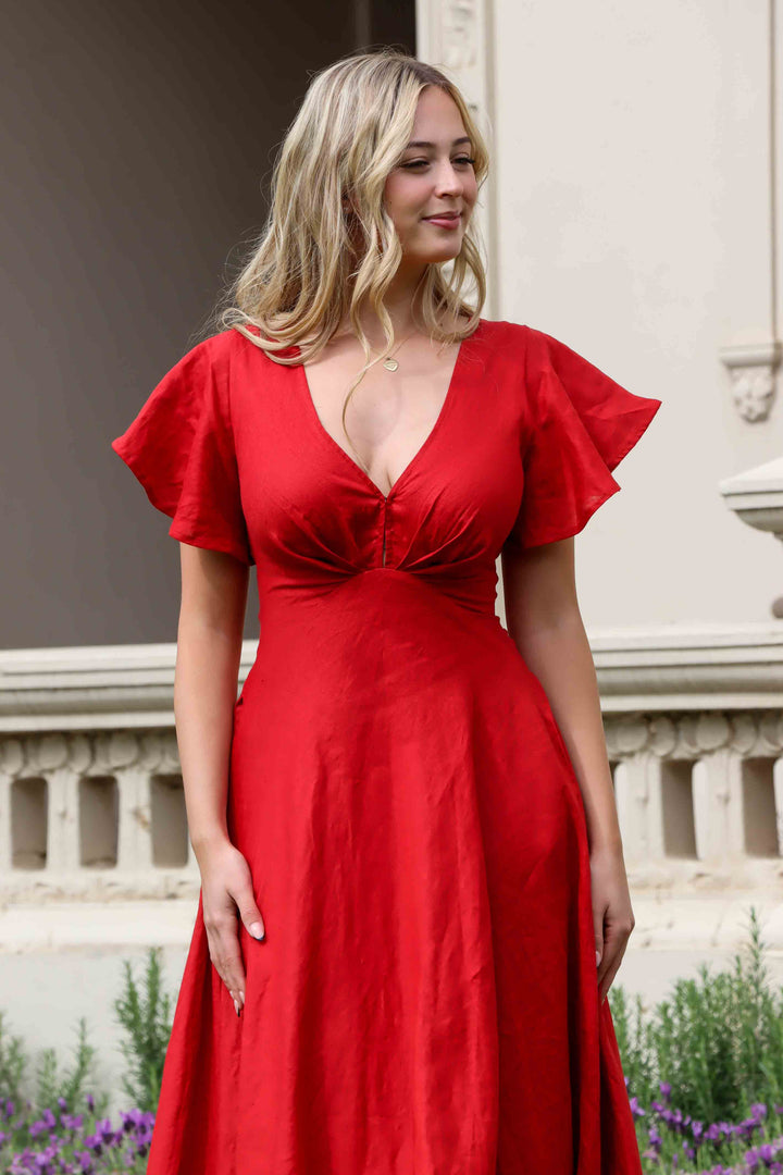 Adele Crimson Red Dress - 100% Linen