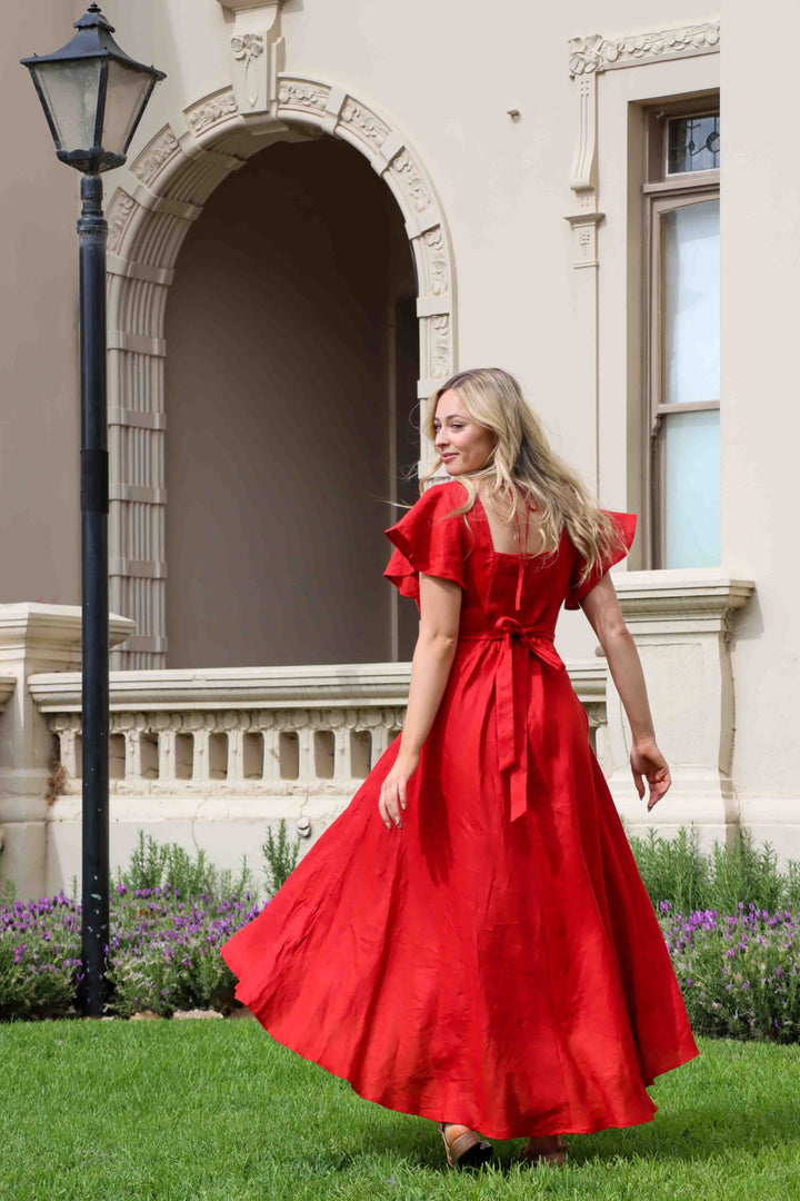 Adele Crimson Red Dress - 100% Linen
