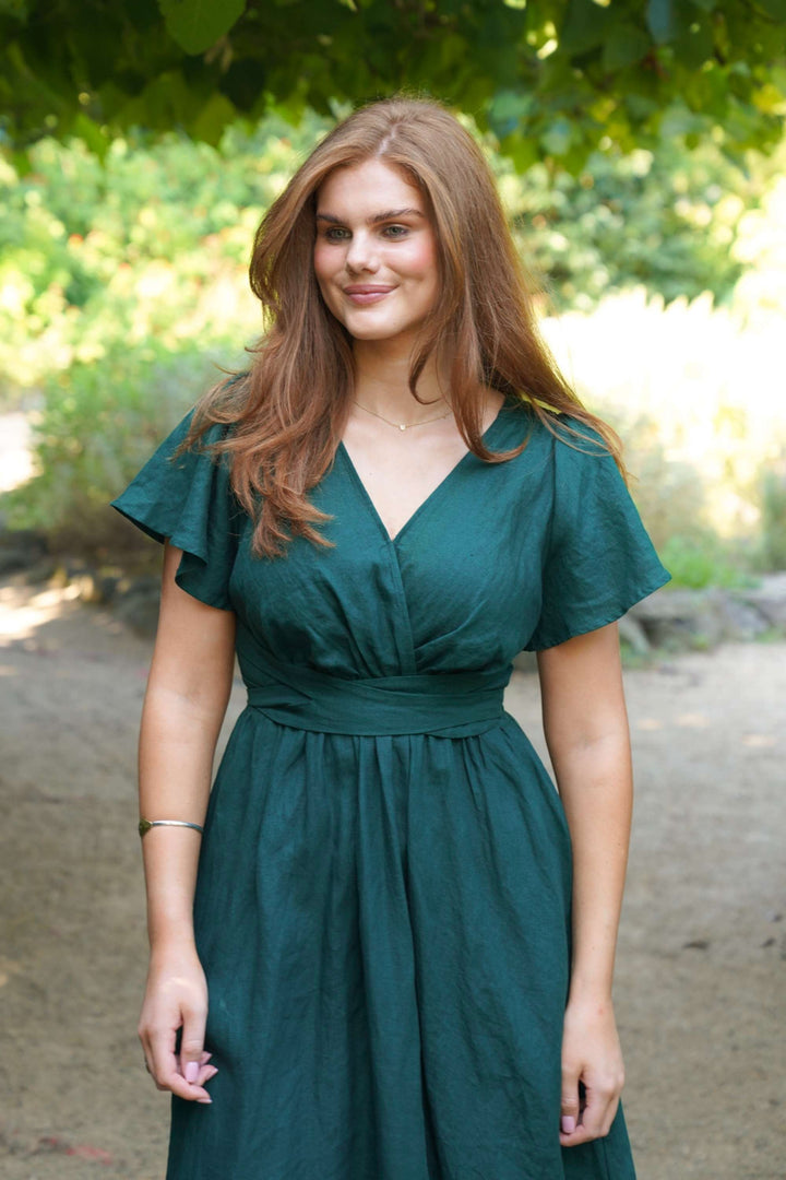 Phoebe Emerald Green Dress - 100% Linen