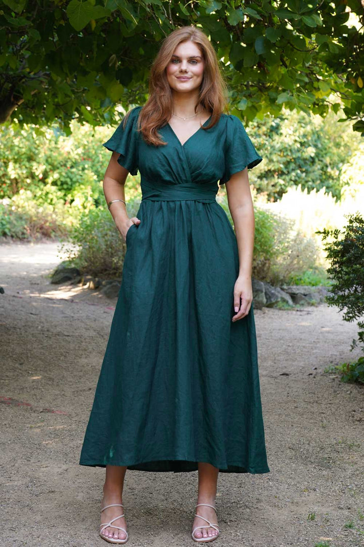 Phoebe Emerald Green Dress - 100% Linen