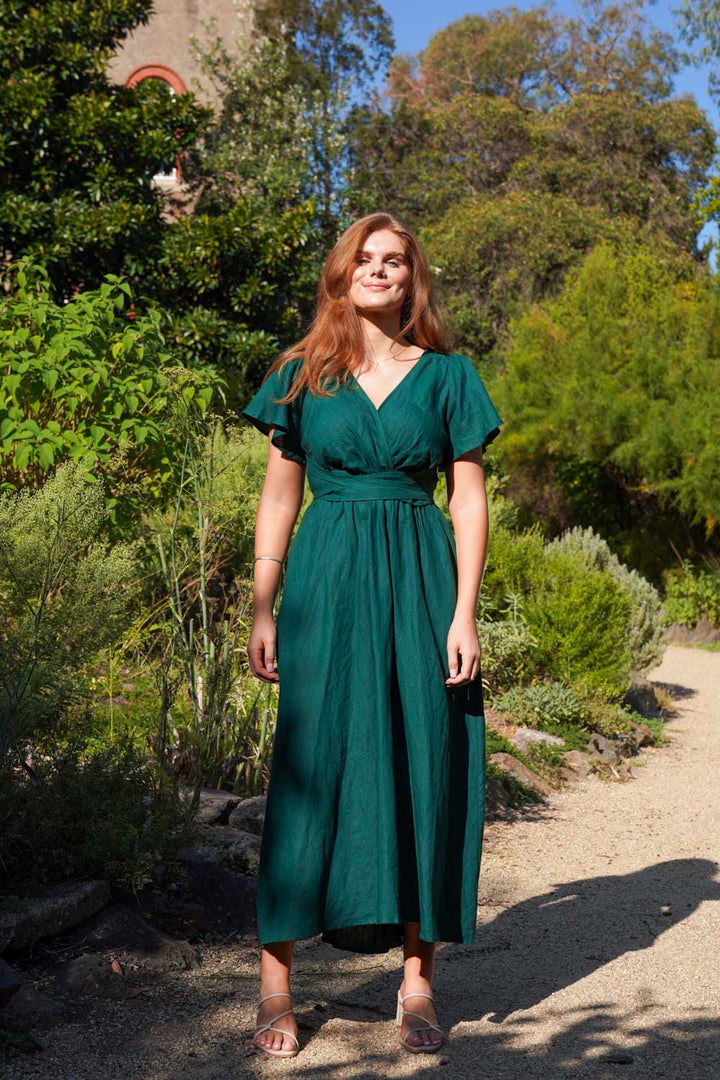 Phoebe Emerald Green Dress - 100% Linen