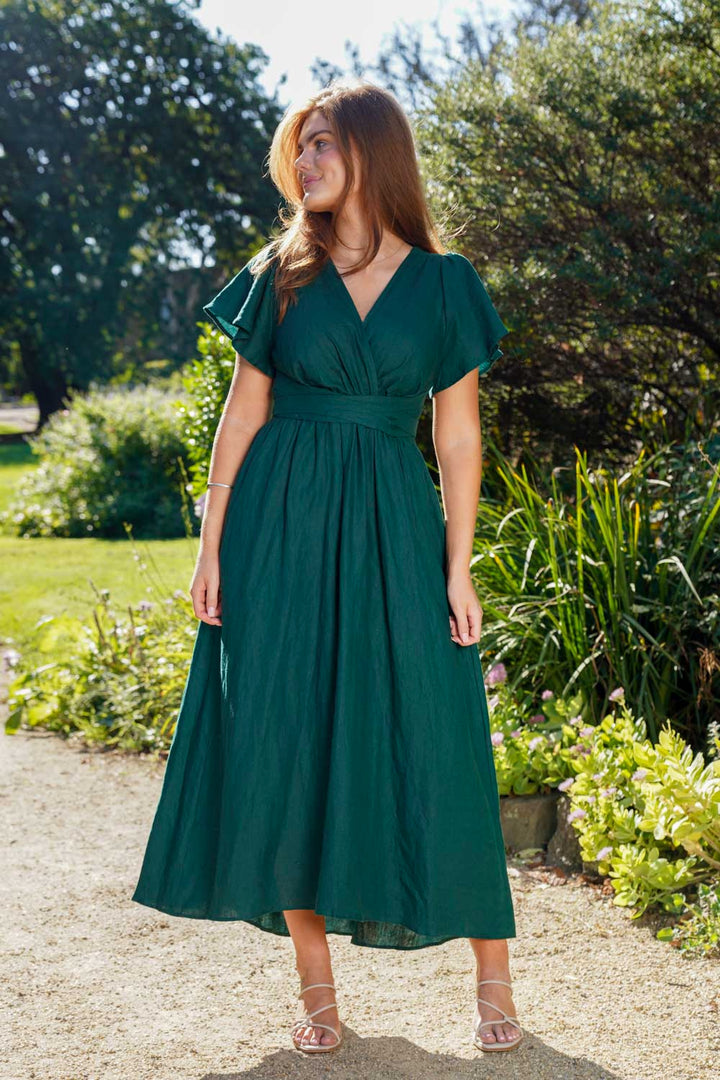 Phoebe Emerald Green Dress - 100% Linen