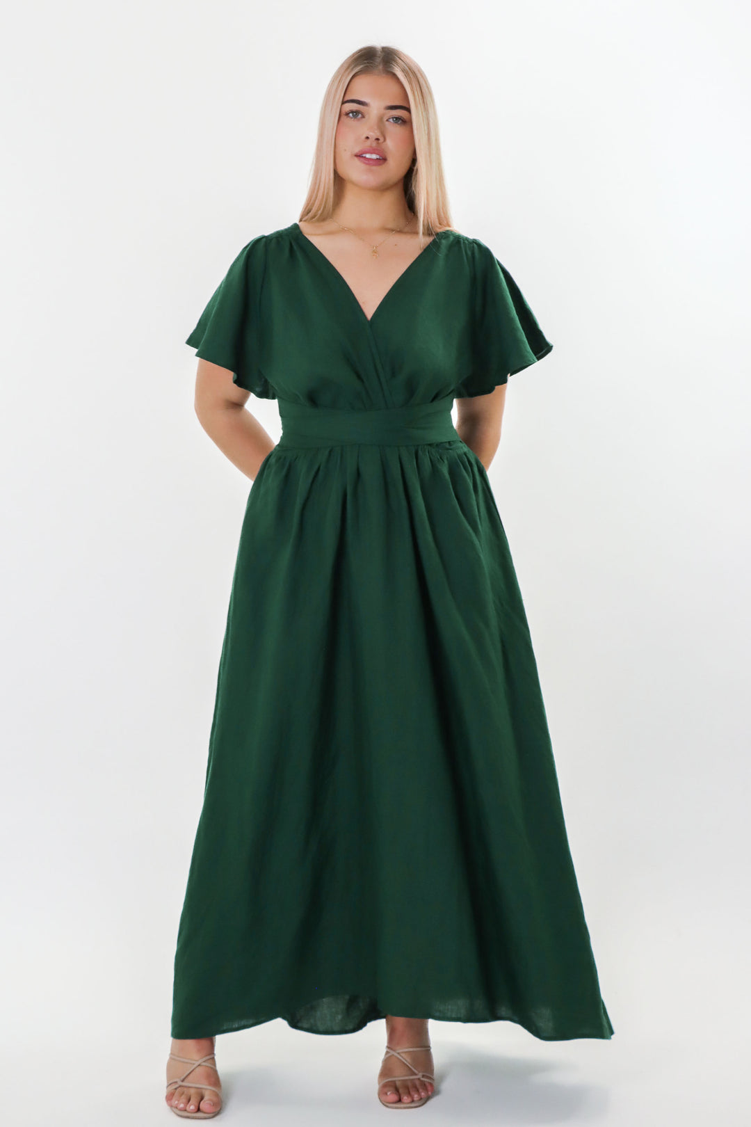 Phoebe Forest Green Dress - 100% Linen
