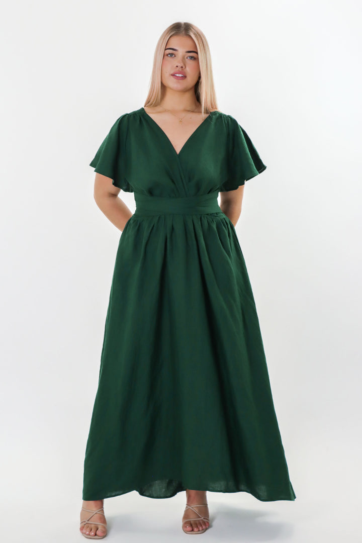 Phoebe Forest Green Dress - 100% Linen