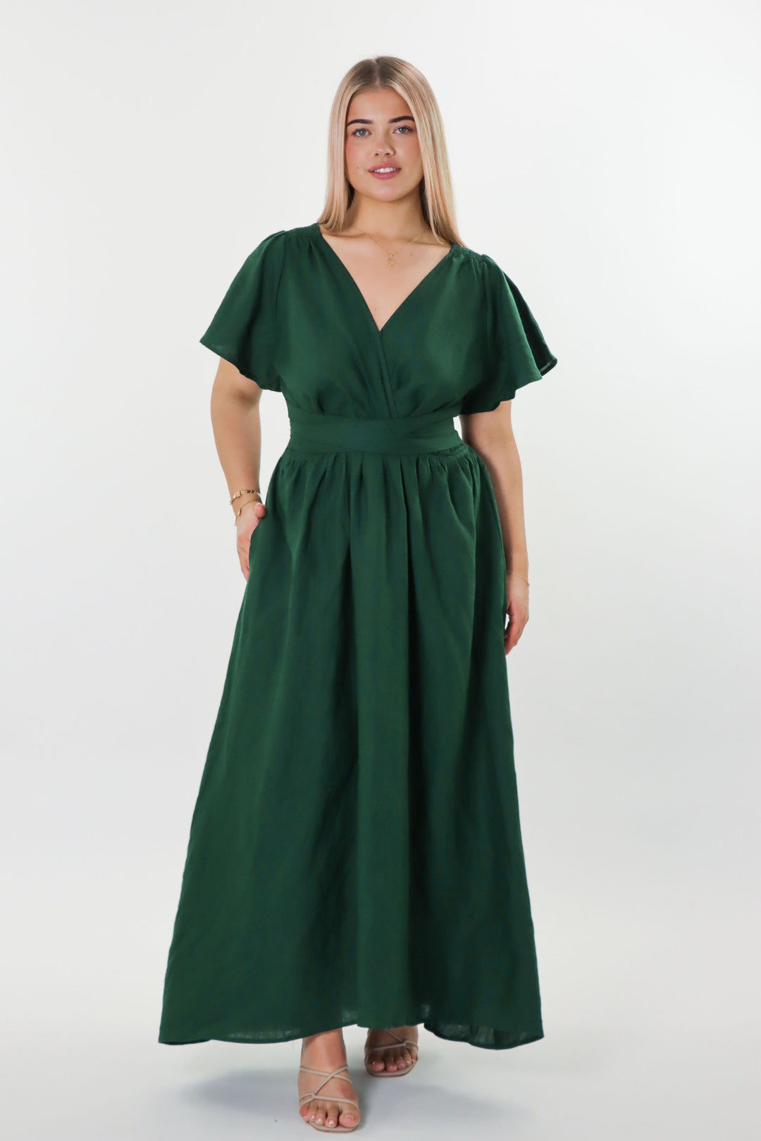 Phoebe Forest Green Dress - 100% Linen