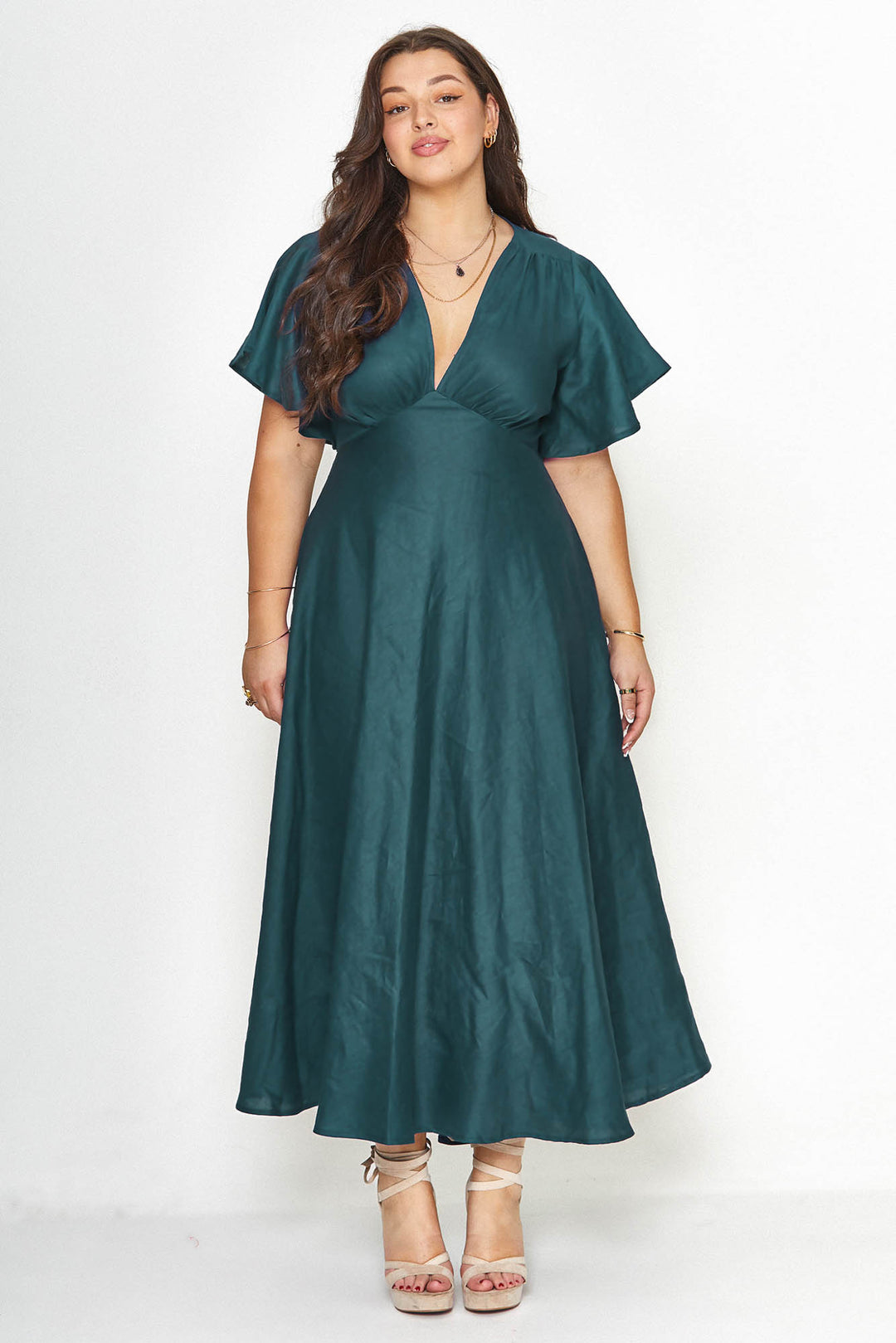 Athena Dress Emerald Green Tencel V-neck A-line butterfly sleeve Aulieude Athena Dress Emerald Green Tencel V-neck A-line butterfly sleeve Aulieude