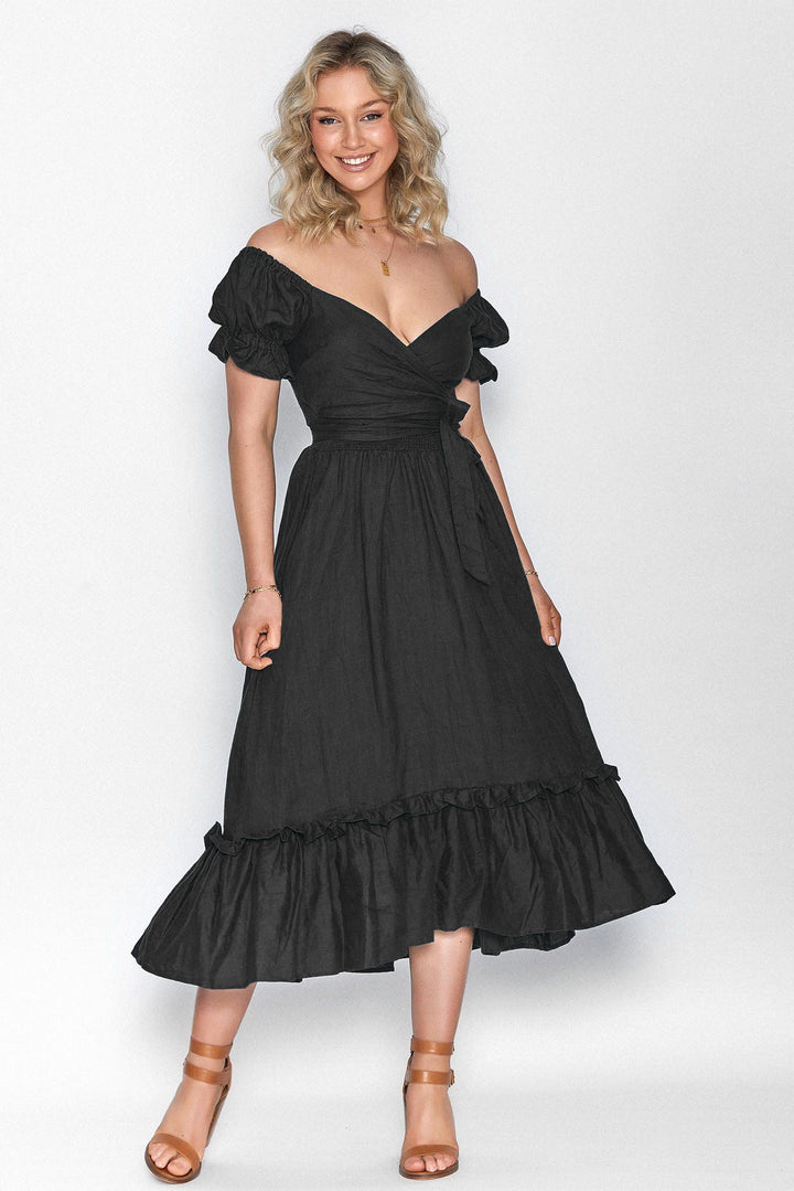 Marianne Black Wrap Dress - 100% Linen