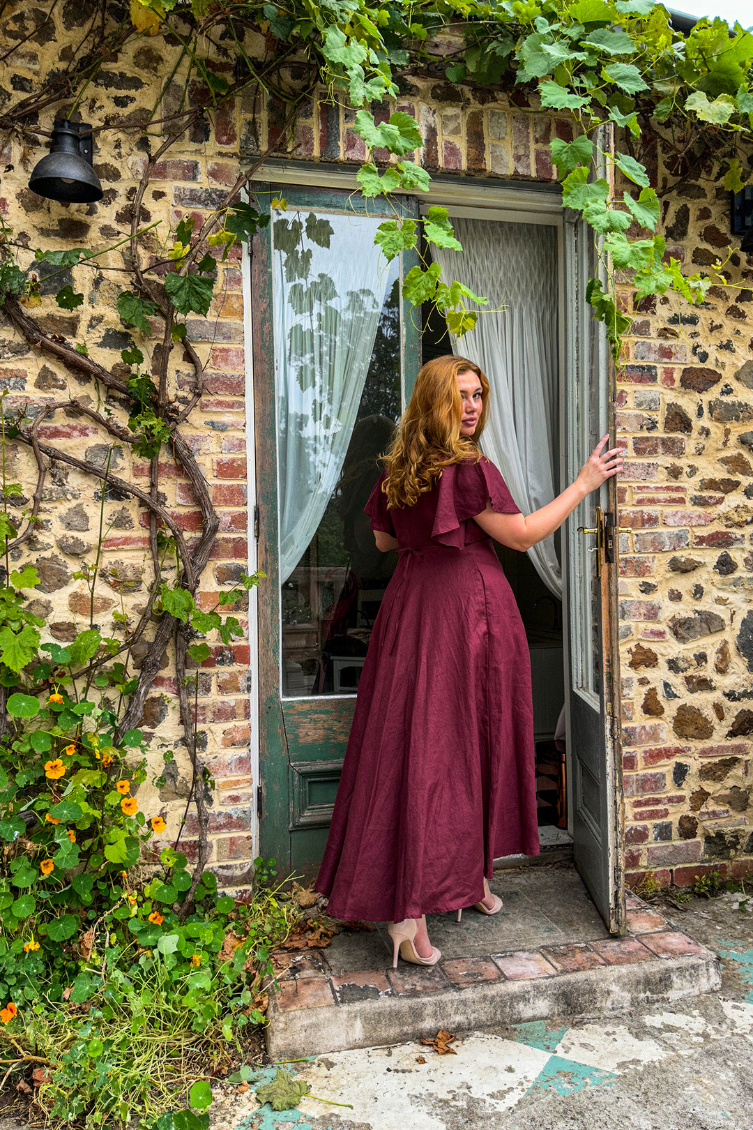 Athena Dress Plum Burgundy Tencel V-neck A-line butterfly sleeve Aulieude Athena Dress Plum Burgundy Tencel V-neck A-line butterfly sleeve Aulieude